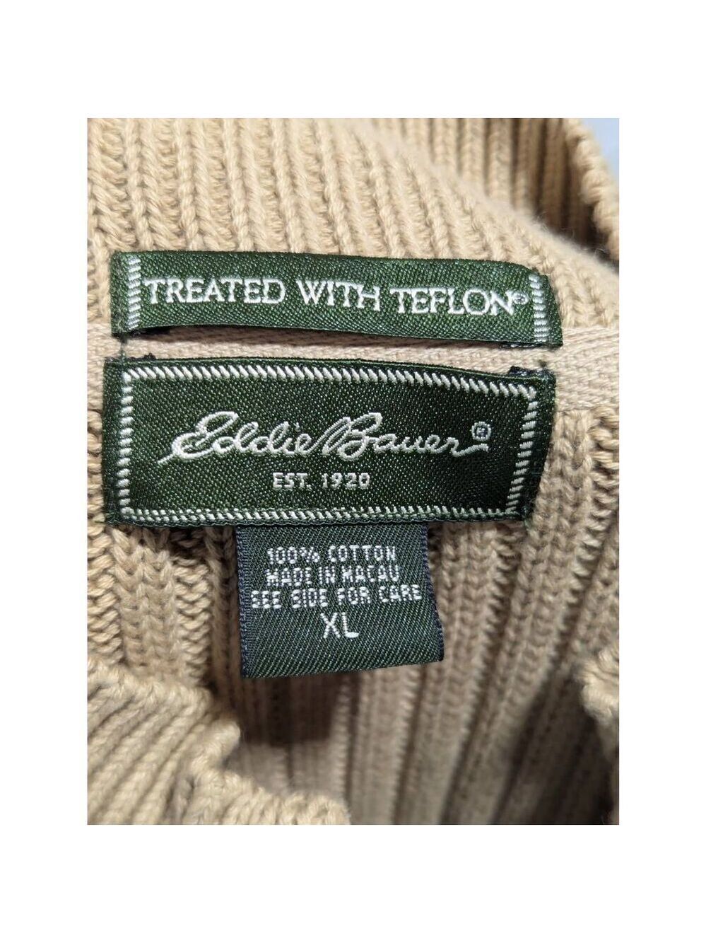 Eddie Bauer Men's Tan Long-Sleeve Ribbed Knit Teflon Treated Half-Zip Sweater Si - Picture 2 of 10
